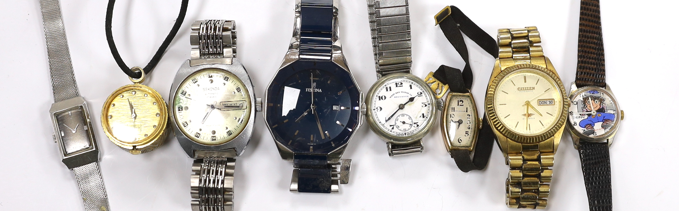 Sundry mainly modern wrist watches, including Sekonda, Citizen and Festina and an earlier West End Watch co.